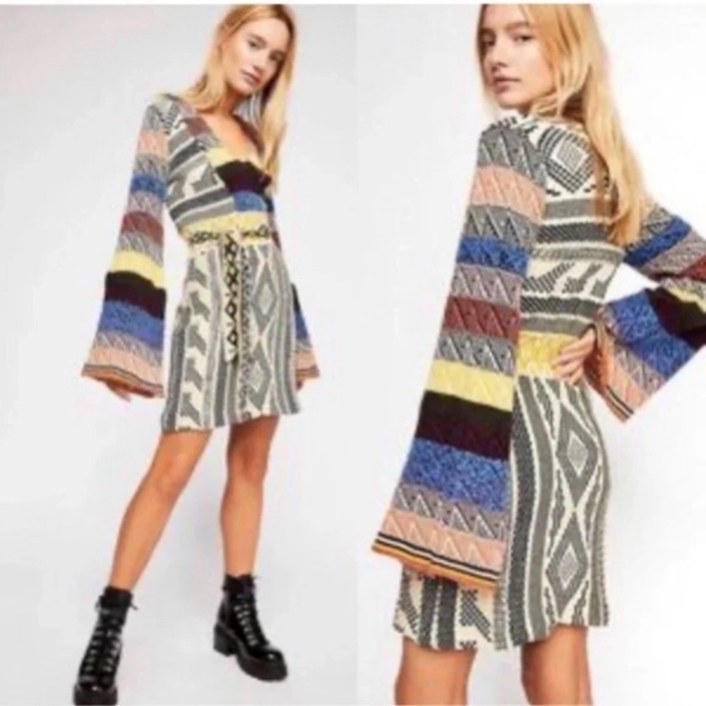 Free People Boho Chic 70’s Retro Patchwork Wool/Cotton Bell Sleeve Dress Sz XS